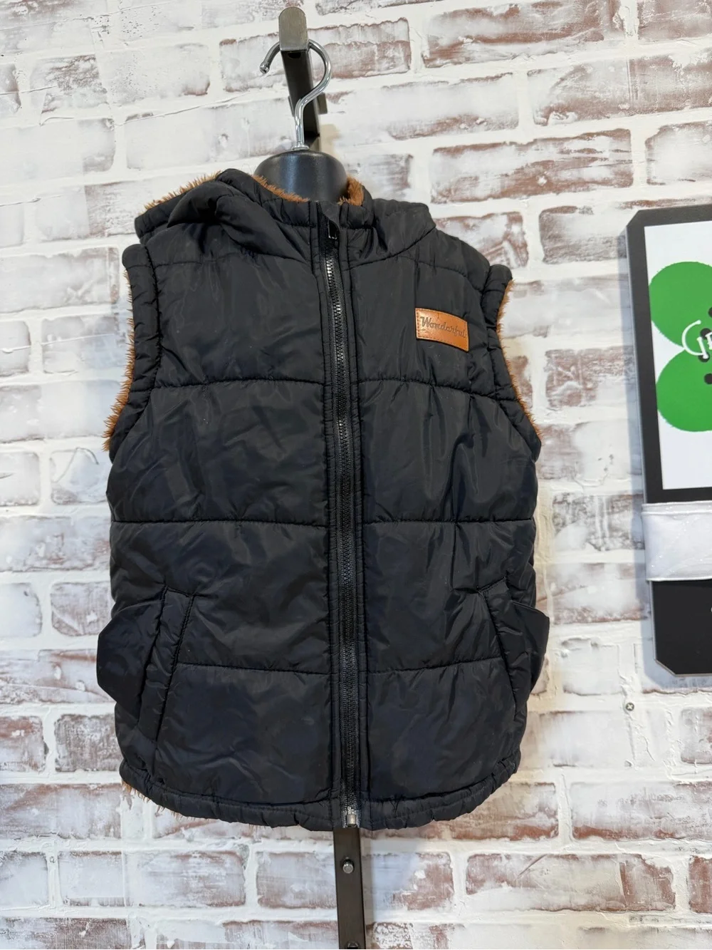 Black dinosaur Puffer Vest with Faux Fur Trim